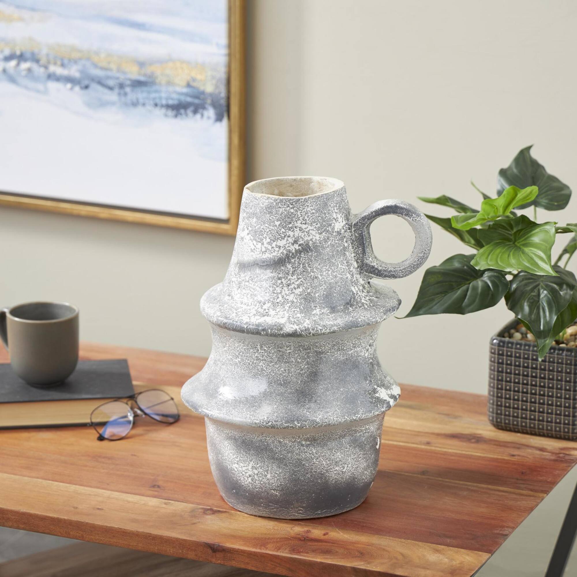 16" Light Gray Paper Mache Distressed Fluted Vase with Ring Handle
